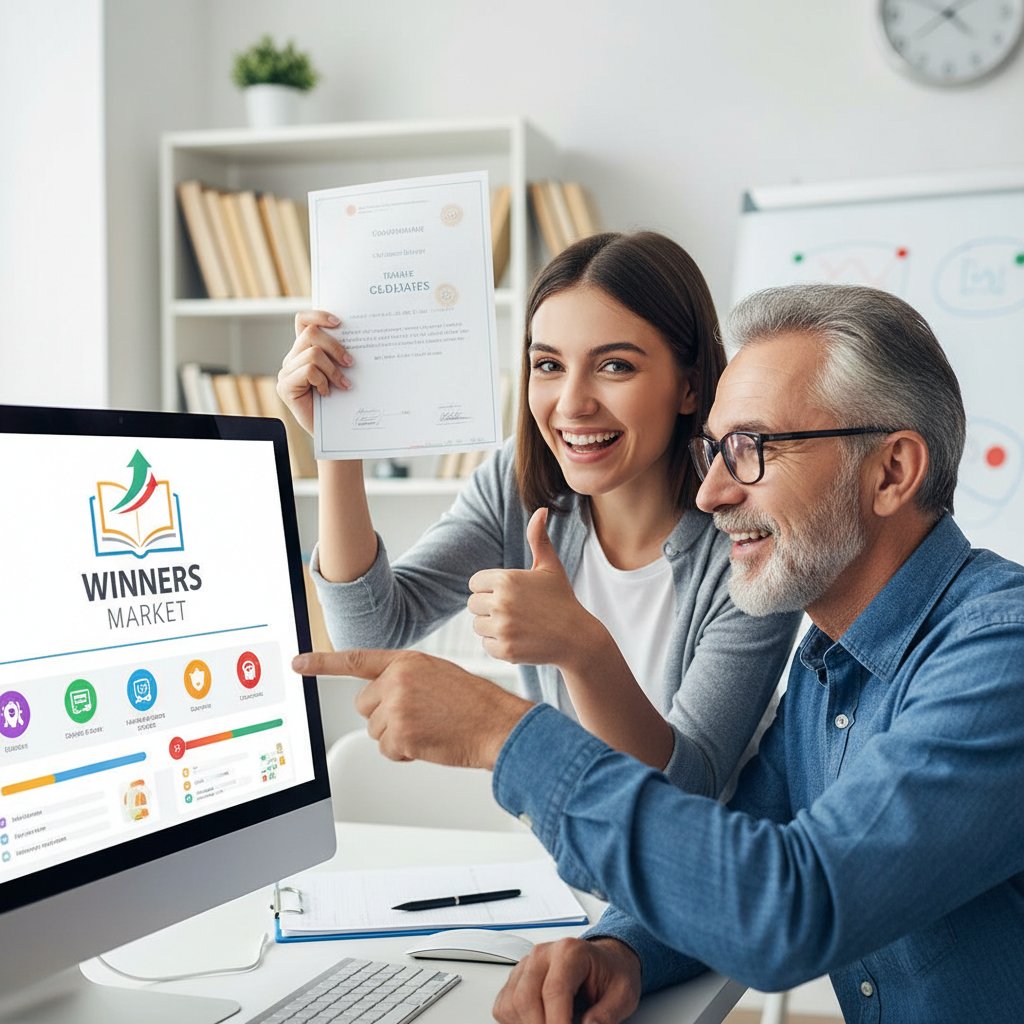 Zwycięzcy rynku: uczeń z uśmiechem, nauczyciel z laptopem, logo platformy edukacyjnej
