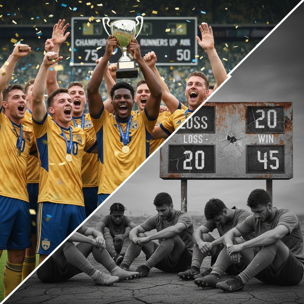 Zespół świętujący sukces wdrożenia i smutni pracownicy po porażce w tle