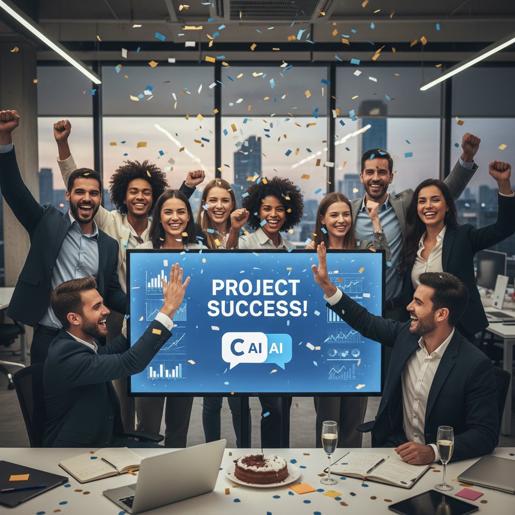 Zespół świętuje sukces wdrożenia chatbota – polska firma, rekordowe wyniki