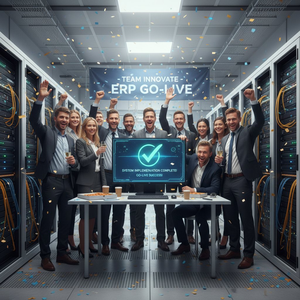 Zespół świętujący udane wdrożenie w serwerowni z ekranami ERP