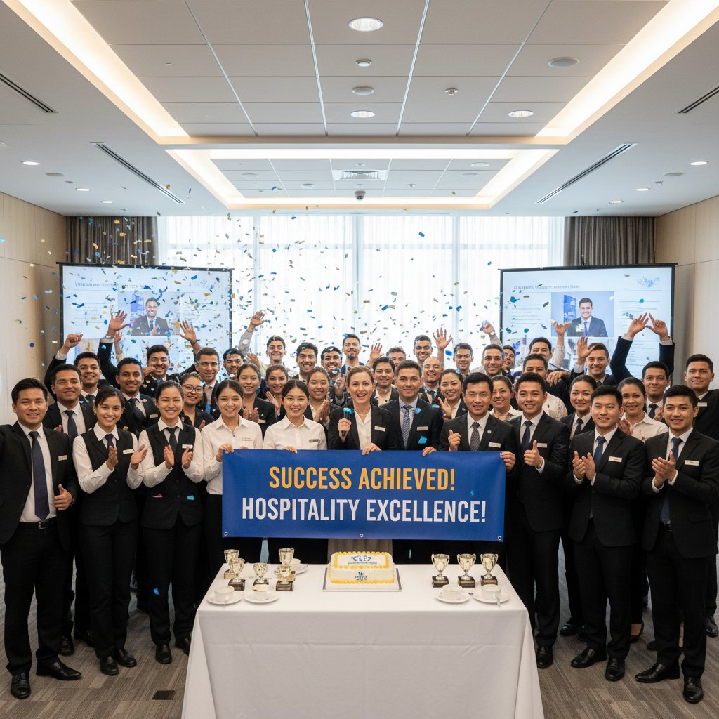 Zespół celebrujący sukces po udanym szkoleniu hotelowym, pozytywna energia, inspirująca atmosfera