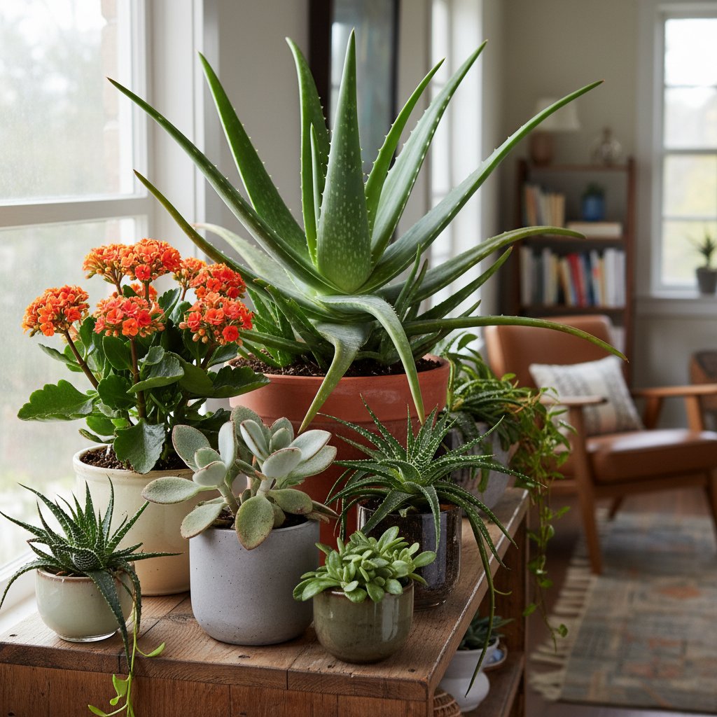 Porównanie różnych sukulentów w doniczkach, wyraźne różnice liści