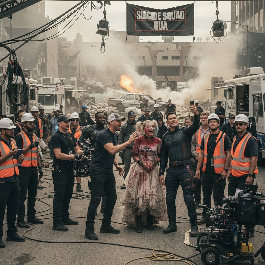 Behind-the-scenes photo of Suicide Squad cast and crew in heated discussion on a chaotic film set