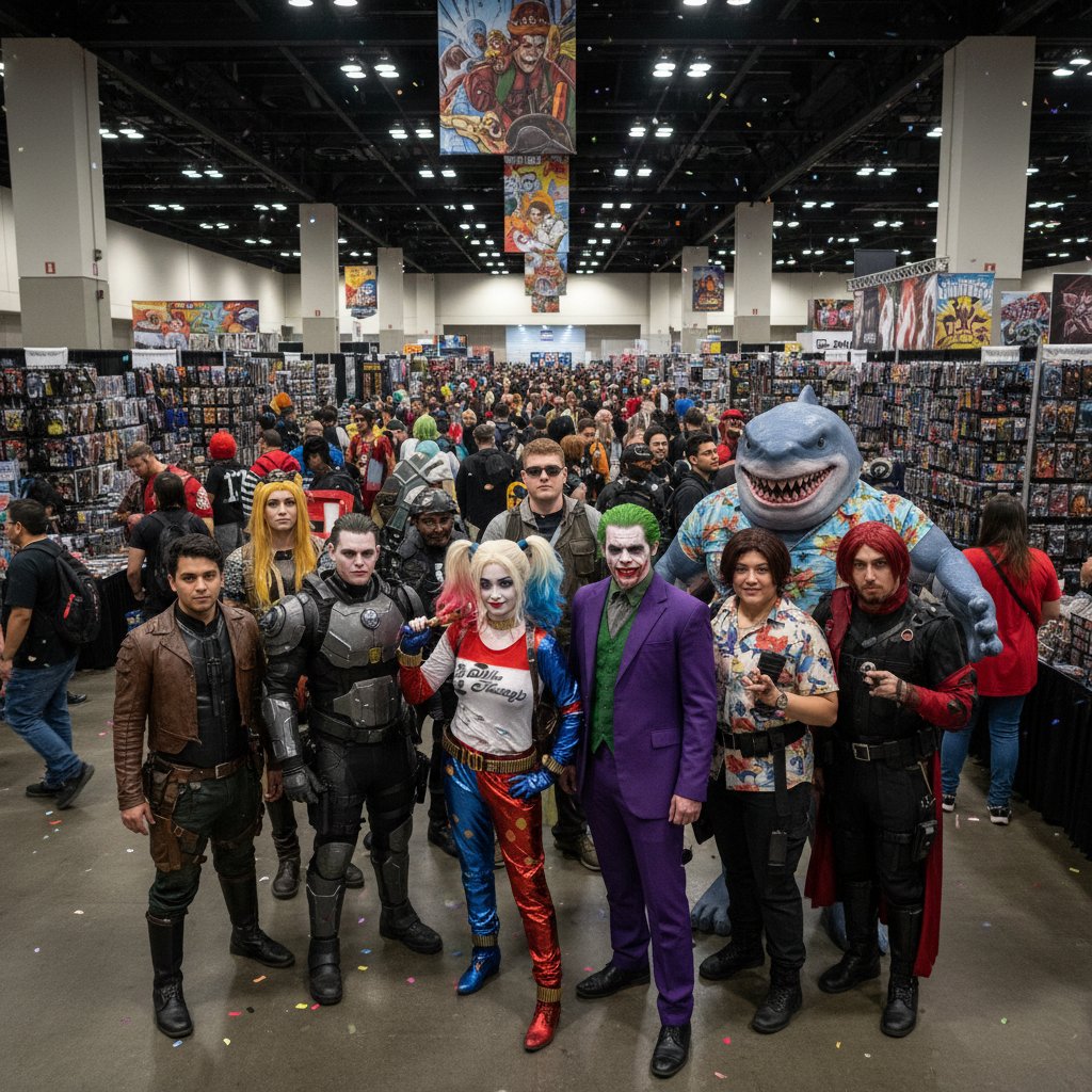 Photo of dedicated fans in elaborate Suicide Squad cosplay at a major comic convention