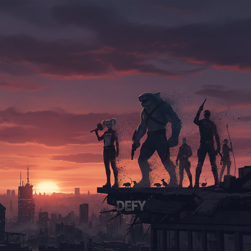 Symbolic image of a fading yet defiant Suicide Squad team silhouette against a changing city skyline