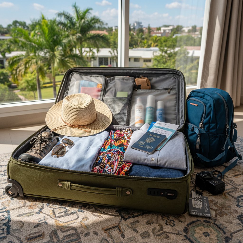 Suitcase packed for Santa Cruz Bolivia with travel documents, weather-appropriate clothing, and essentials visible