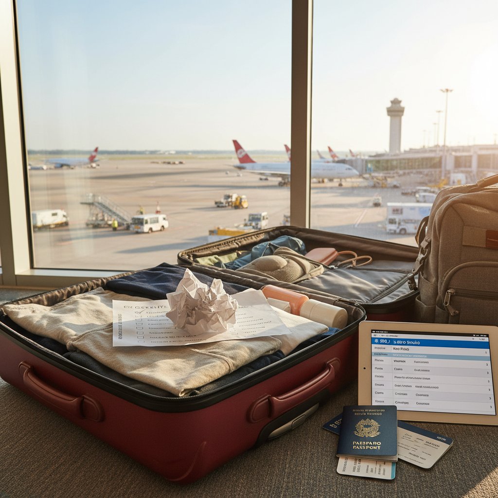 Photo: Overhead shot of traveler packing suitcase, checklist on phone, prepping for São Paulo airport adventure