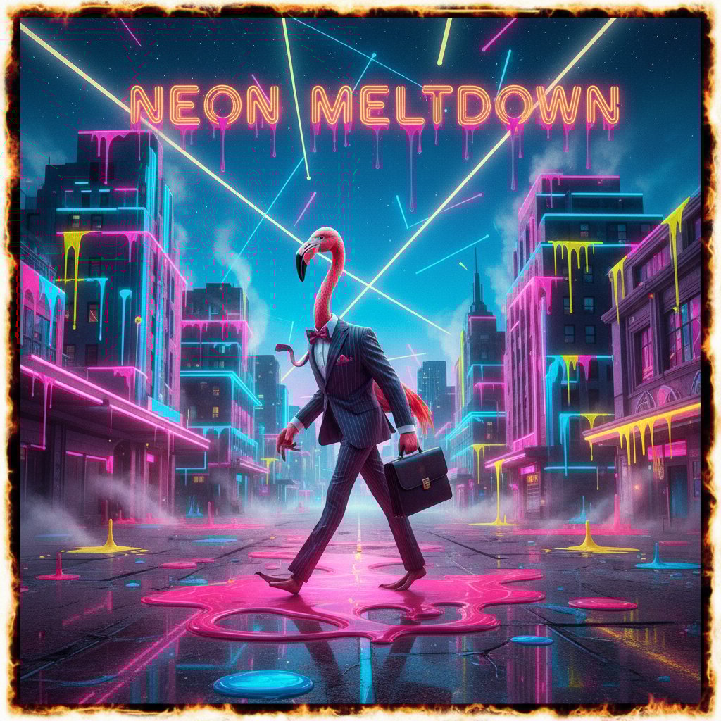 Photo of a surreal movie scene with a suited flamingo in a melting cityscape, neon lights all around, representing absurd movies