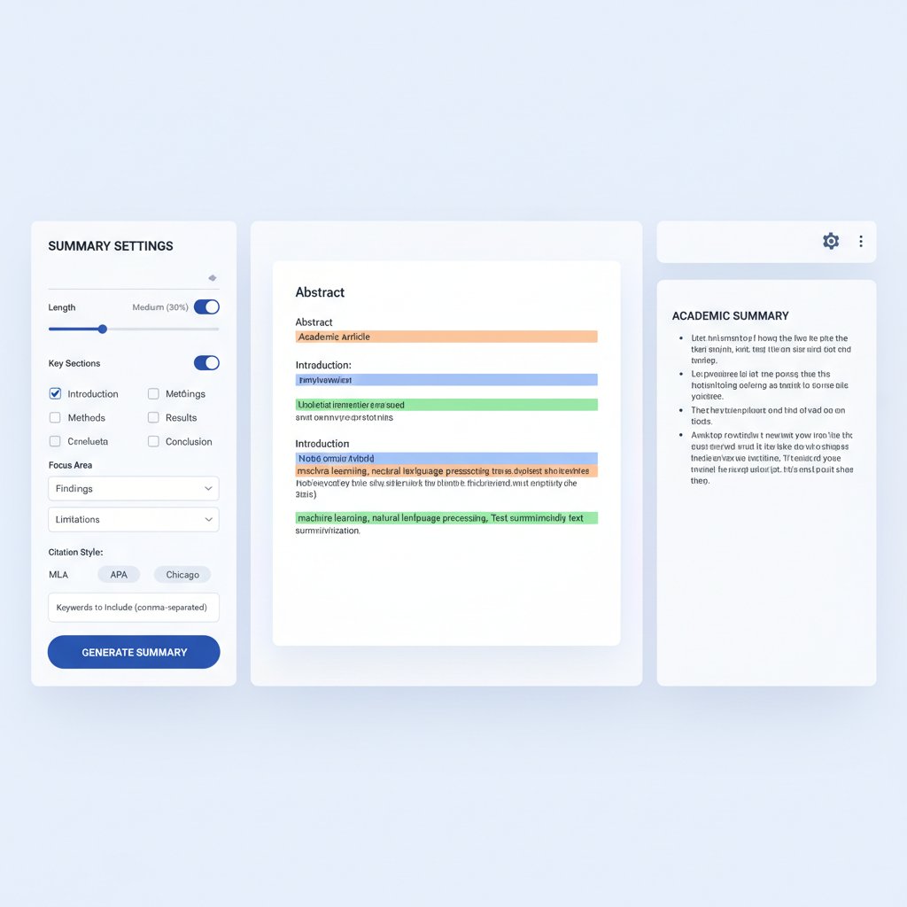 Screenshot-style mockup of a summary tool interface, with annotation highlights on customization features for academic summaries