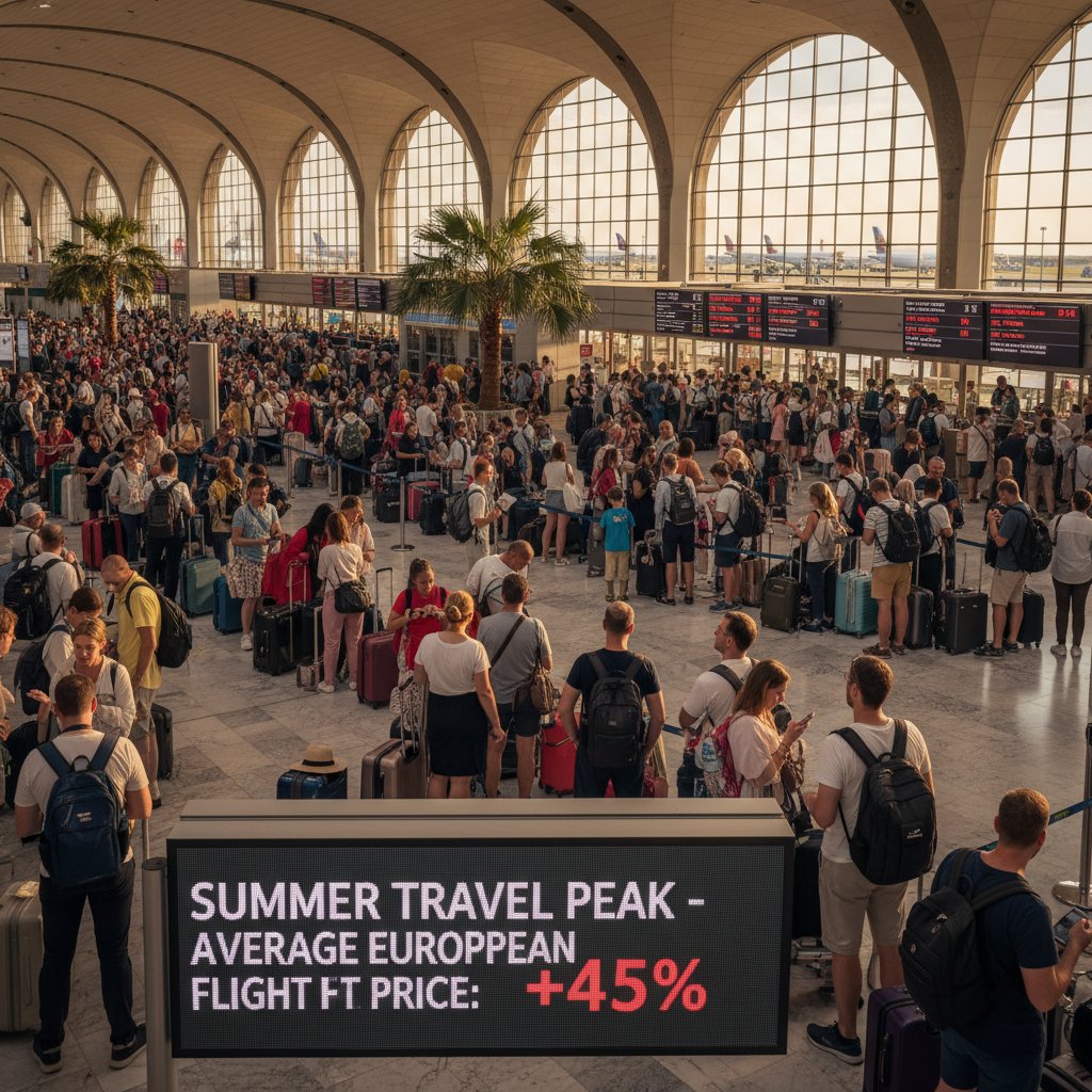 Wakacyjny tłum na lotnisku w Europie, kolejka do bramki, obrazujący sezonowość i wzrosty cen