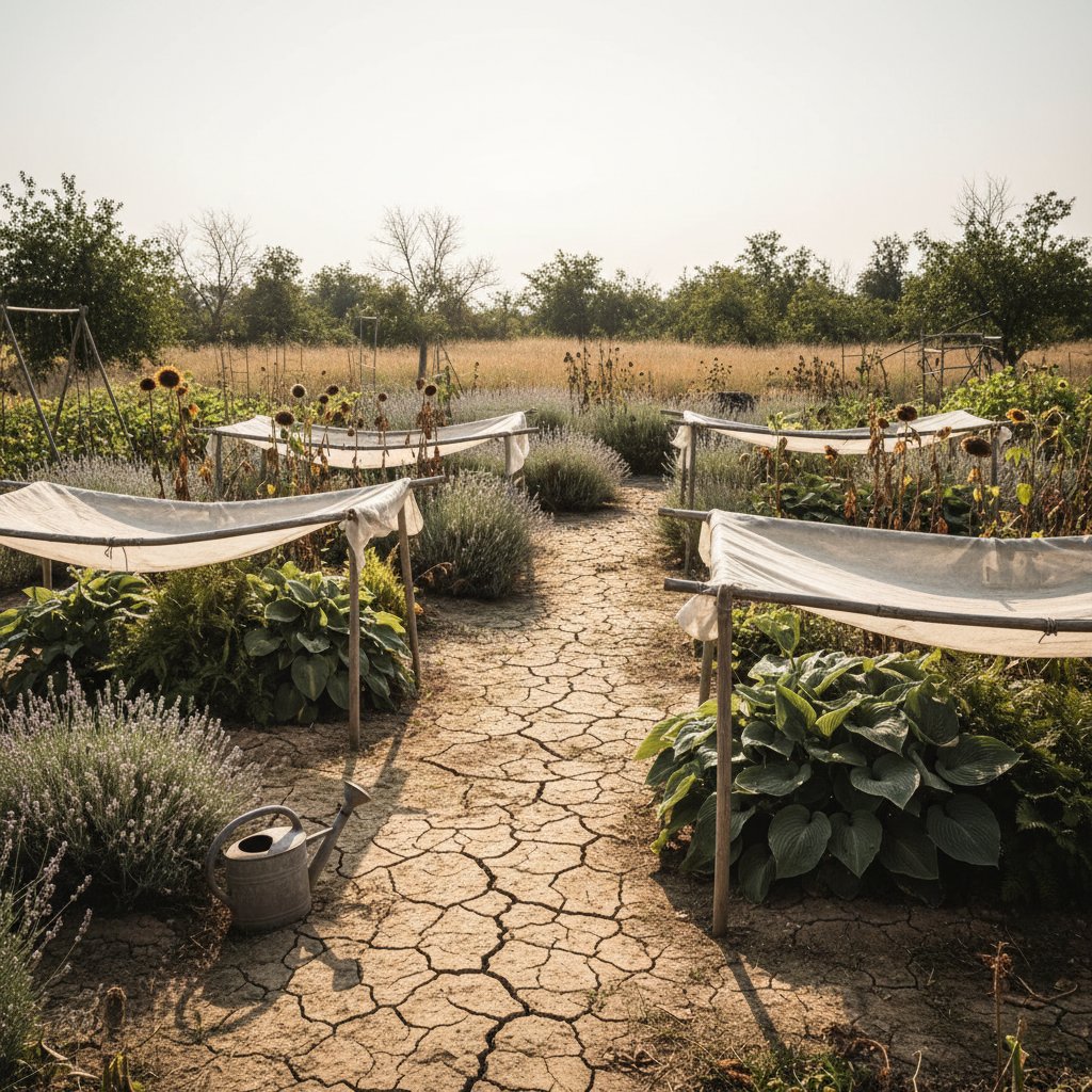 Susza w letnim ogrodzie, popękana ziemia i rośliny pod osłoną siatki cieniującej