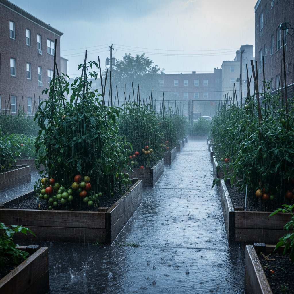 Burza nad grządkami pomidorów w mieście
