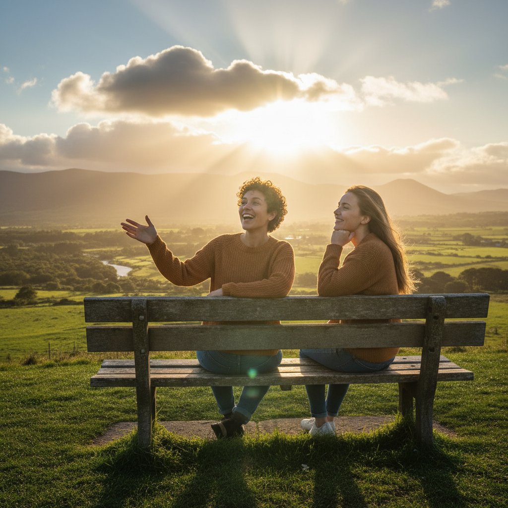 Symbolic image of hope after a tough relationship conversation, sun breaking through clouds, two people talking on a bench, hopeful mood