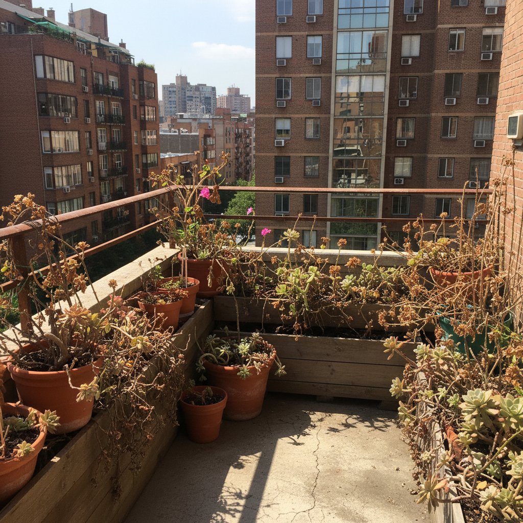 Rośliny na południowym balkonie w upalny dzień, widoczne oparzenia liści i przesuszone podłoże