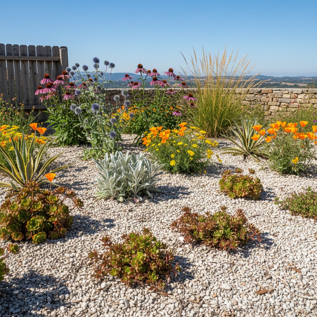 Rabata ogrodowa z roślinami na słońce, widoczna żwirowa ściółka, sucha ziemia i osłonięcie murkiem