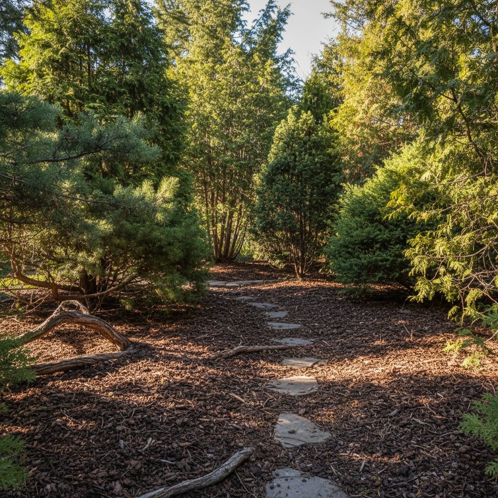 Osłonięty od wiatru słoneczny zakątek ogrodu z młodymi iglakami, ściółką i żyzną glebą