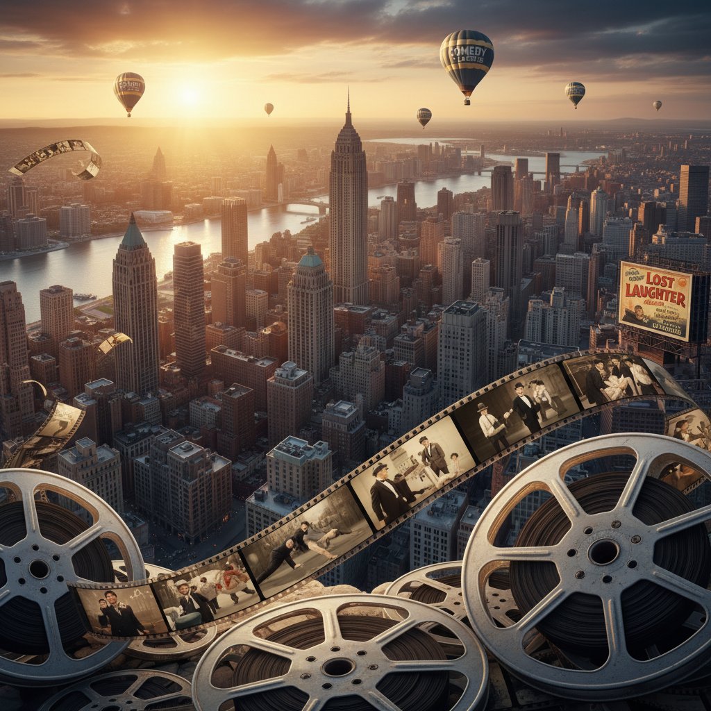 Symbolic dawn of a new era for rare comedy movies, film reels stretching across the city skyline