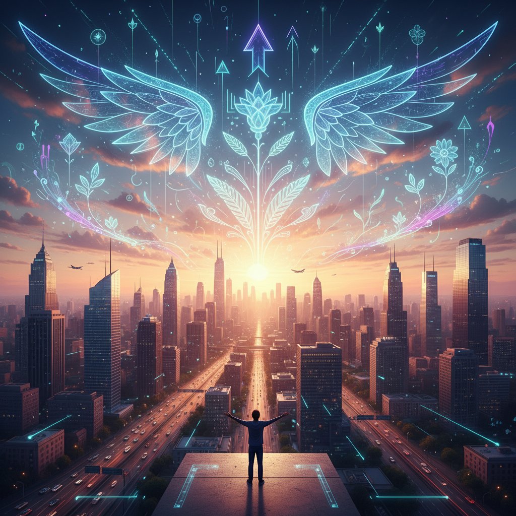 Wschód słońca nad miastem z cyfrowymi elementami, symbol nadziei i nowego początku po cyberzdradzie