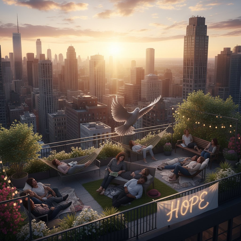 Wschód słońca nad miastem z ludźmi drzemiącymi w nieoczekiwanych miejscach – drzemka, symbolika, nadzieja
