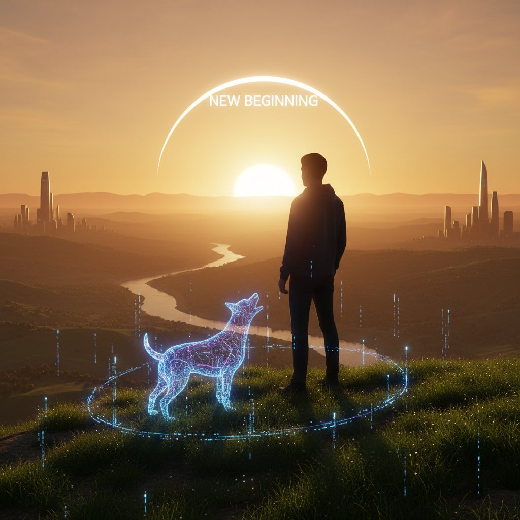 Wschód słońca, osoba z wirtualnym pieskiem – nowy początek i nadzieja na lepsze jutro