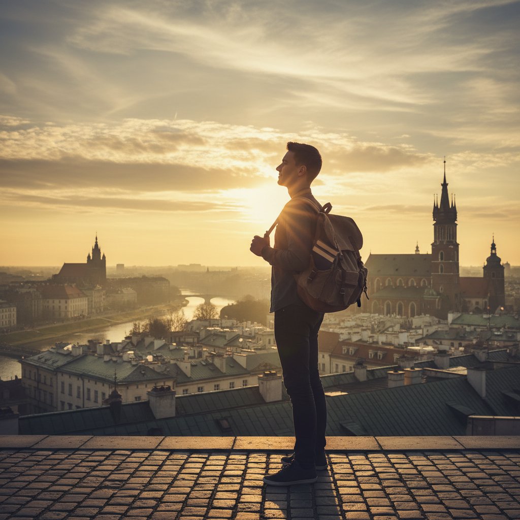 Nowy początek samodzielnej nauki w Polsce: świt nad polskim miastem, uczeń z plecakiem na dachu