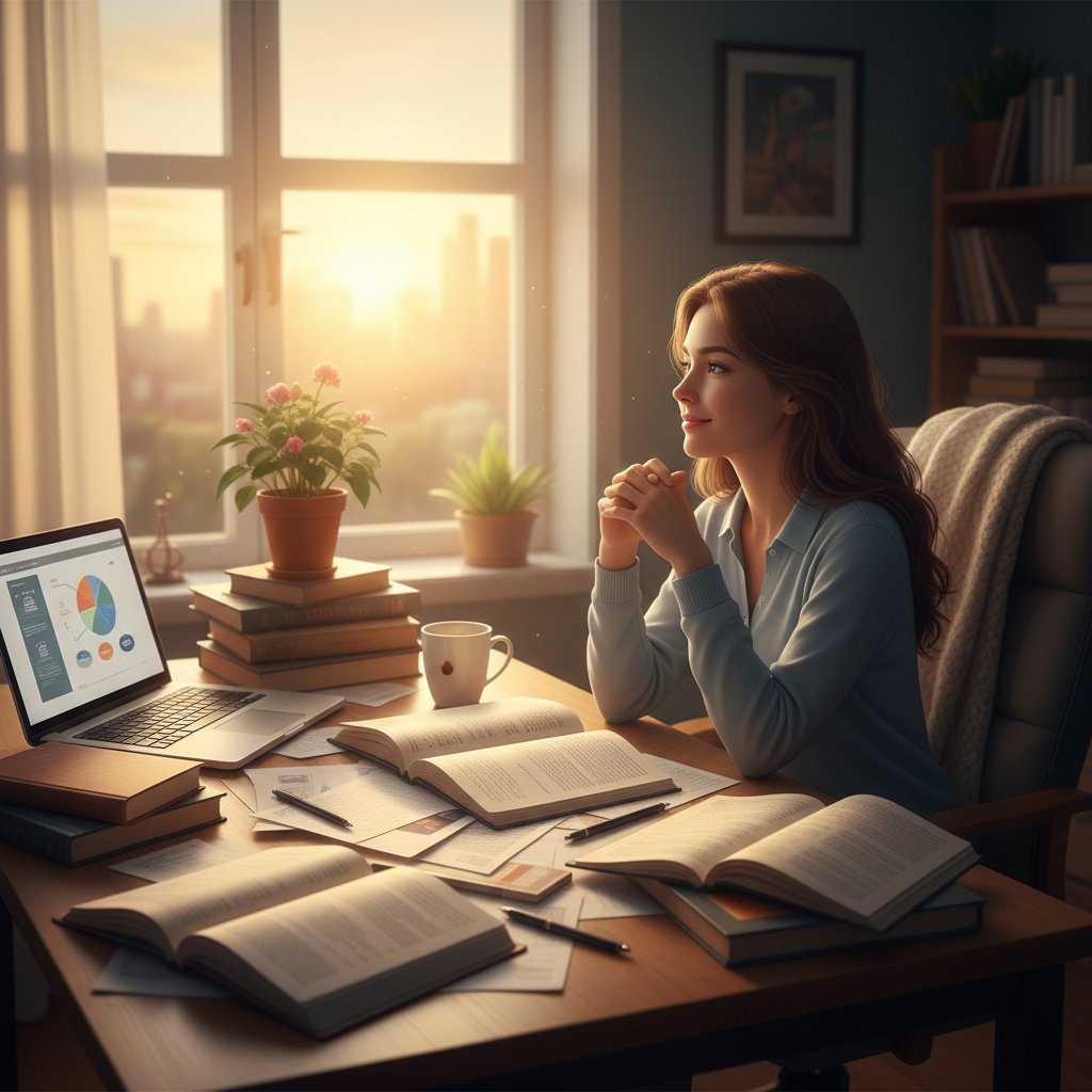 Symboliczny obraz wschodu słońca nad rozrzuconymi materiałami do nauki, pełen nadziei klimat – nowy początek edukacyjnej podróży