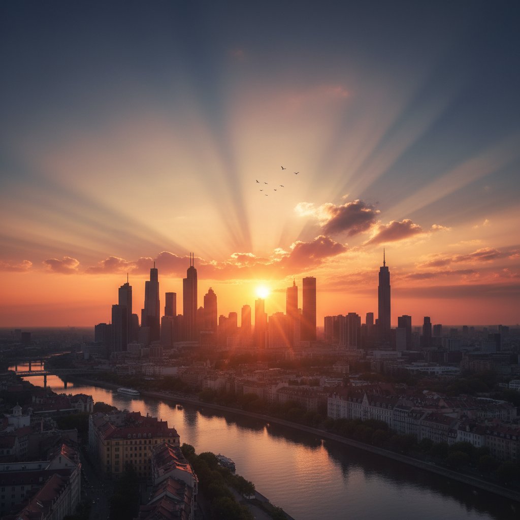 Wschód słońca nad miastem – symboliczny nowy początek zsynchronizowanego rytmu dobowego