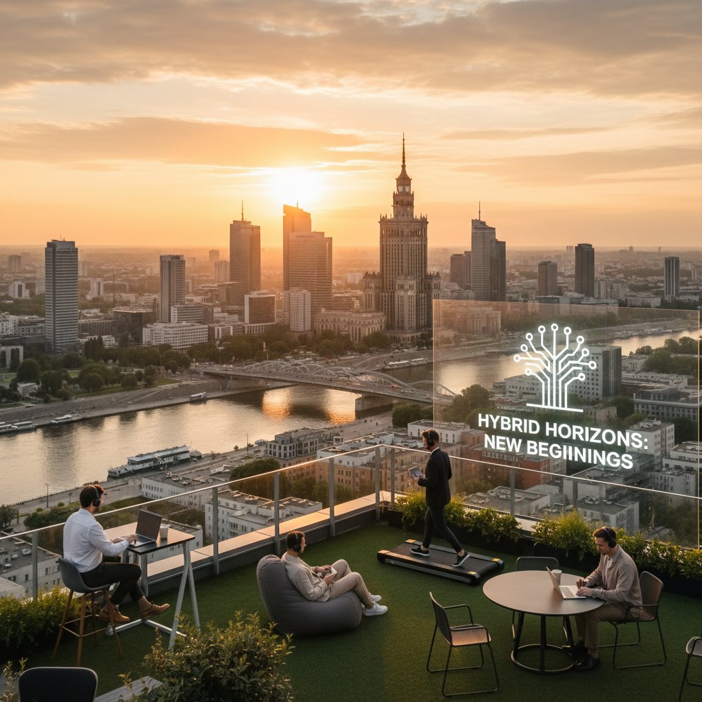 Nowy początek pracy hybrydowej w Polsce – wschód słońca nad panoramą Warszawy, symbolizujący zmiany