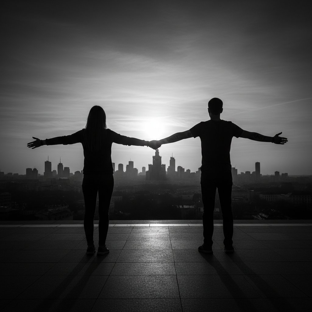 Wschód słońca nad Warszawą, zjednoczone sylwetki ludzi trzymających się za ręce, symbolizujące wsparcie po traumie rozwojowej