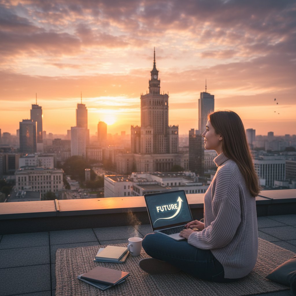 Uczeń z laptopem na dachu, świt nad Warszawą, symboliczny początek nowej drogi edukacyjnej
