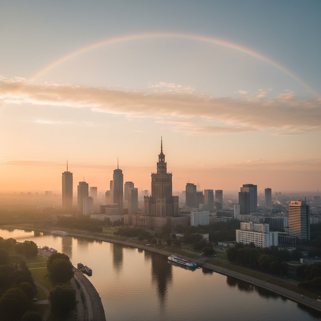 Wschód słońca nad Warszawą z tęczowym odcieniem, symbolizujący nadzieję i nowy początek dla osób homoseksualnych