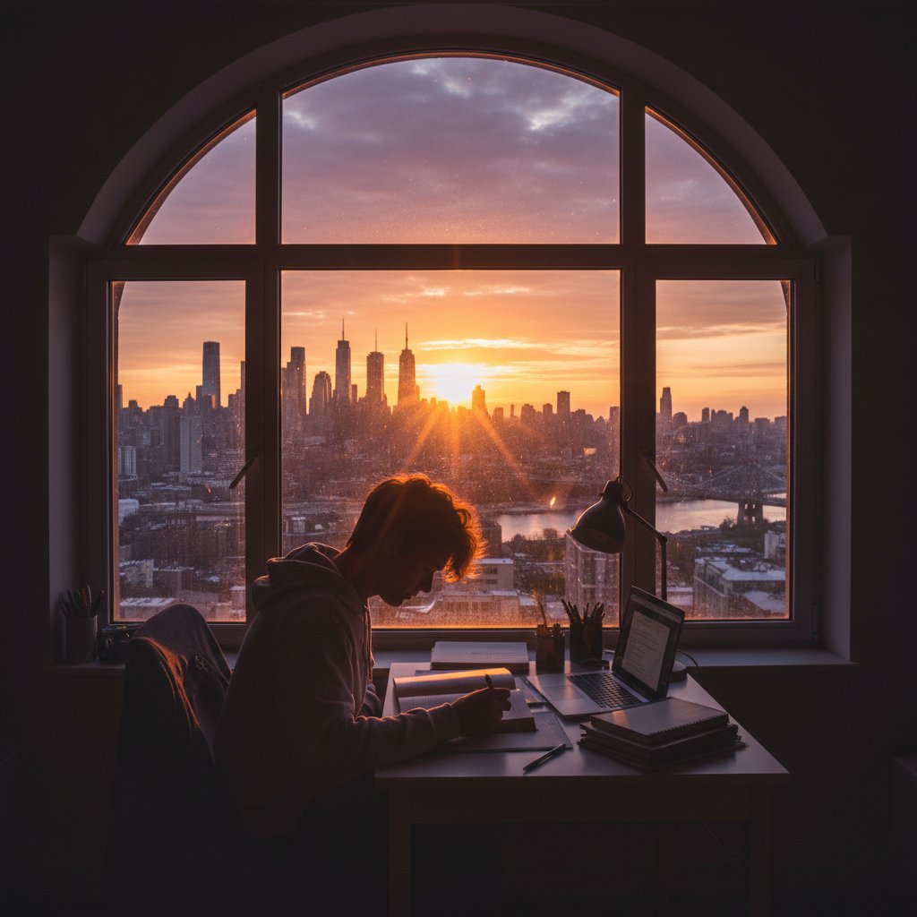 Nowa era edukacji w Polsce dzięki blended learning – student przy oknie o świcie nad panoramą miasta