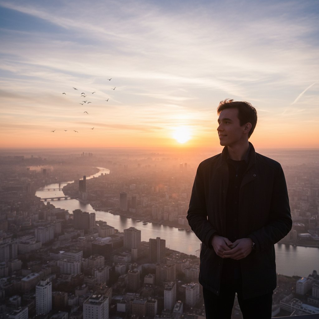 Wschód słońca nad miastem, osoba patrzy na horyzont, nadzieja i nowy początek