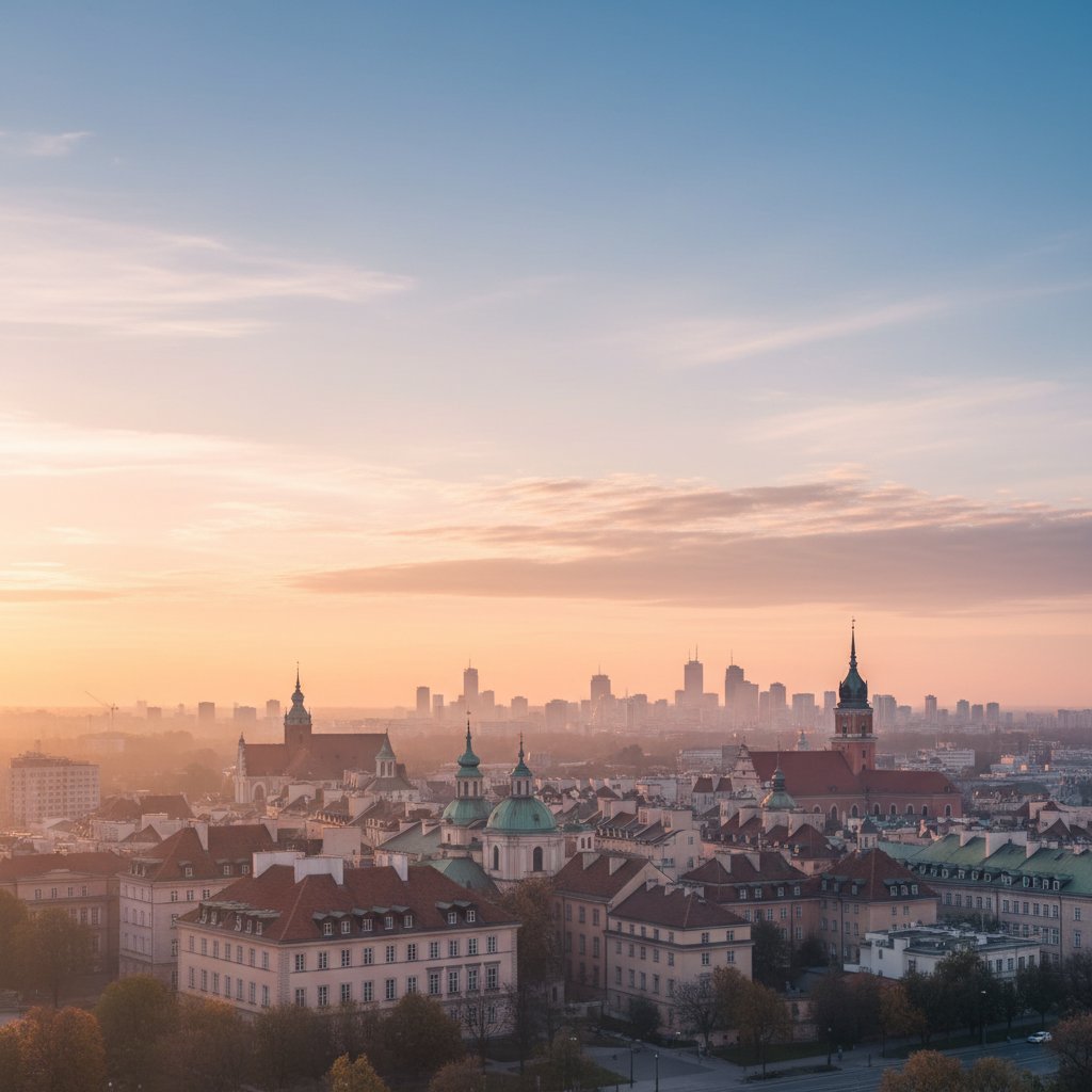 Wschód słońca nad warszawskimi dachami, nadzieja, nowy początek bez stresu