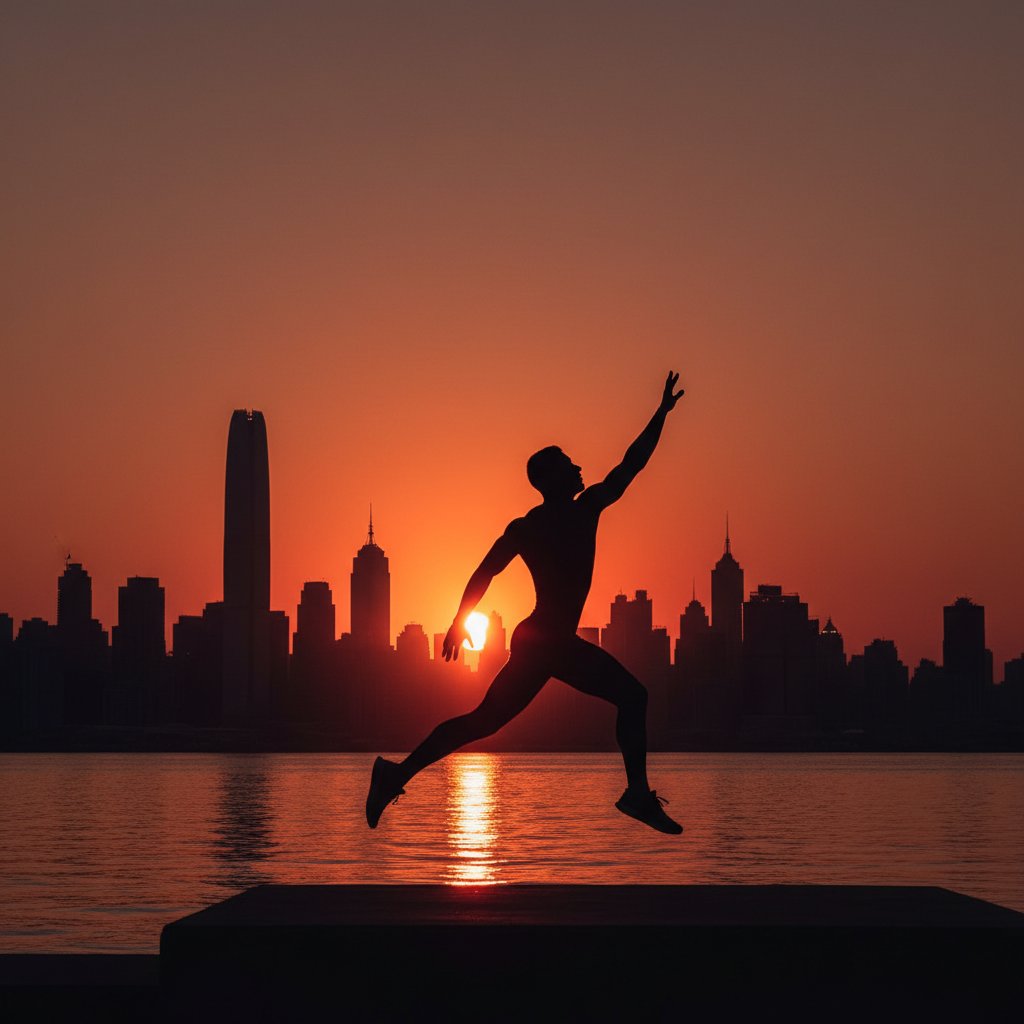 Sylwetka sportowca na tle miejskiego zachodu słońca, trening personalny outdoor, motywacja