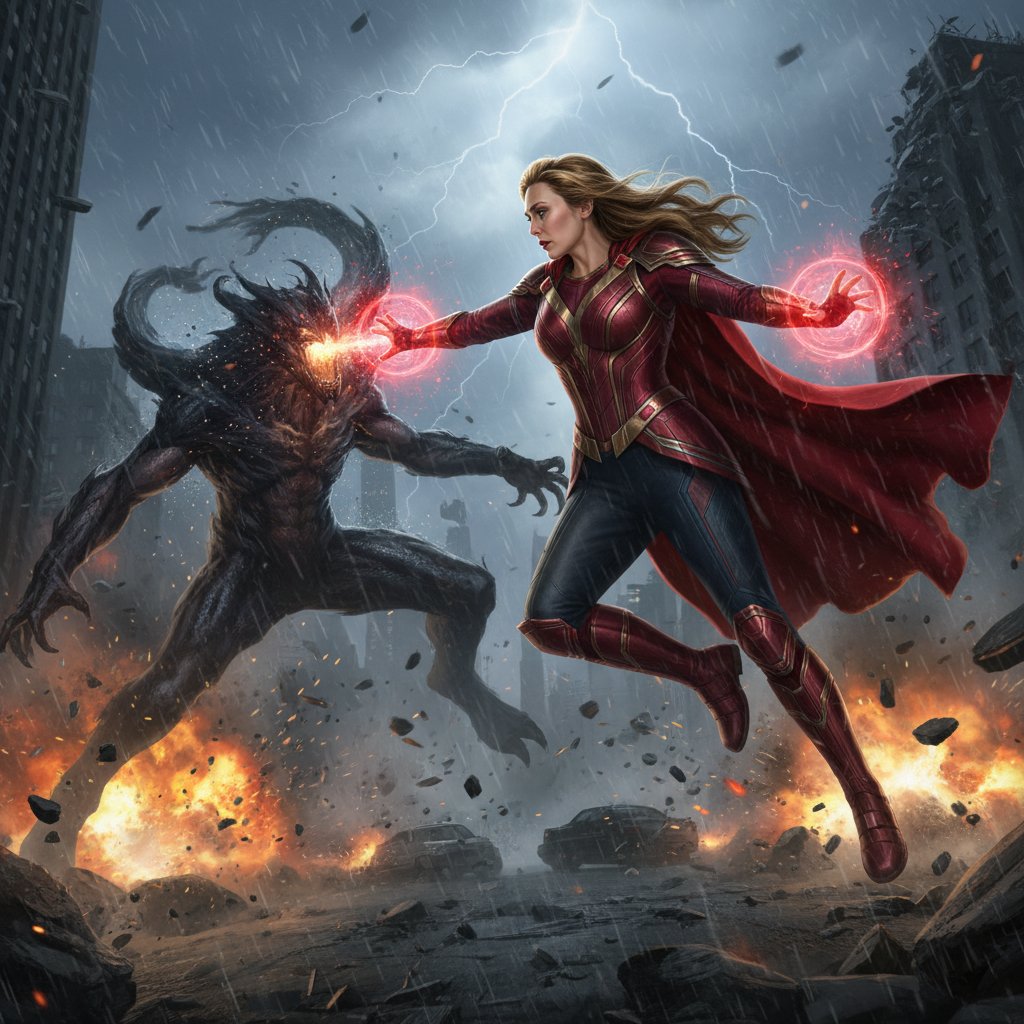 Elizabeth Olsen as a powerful figure in dramatic superhero action