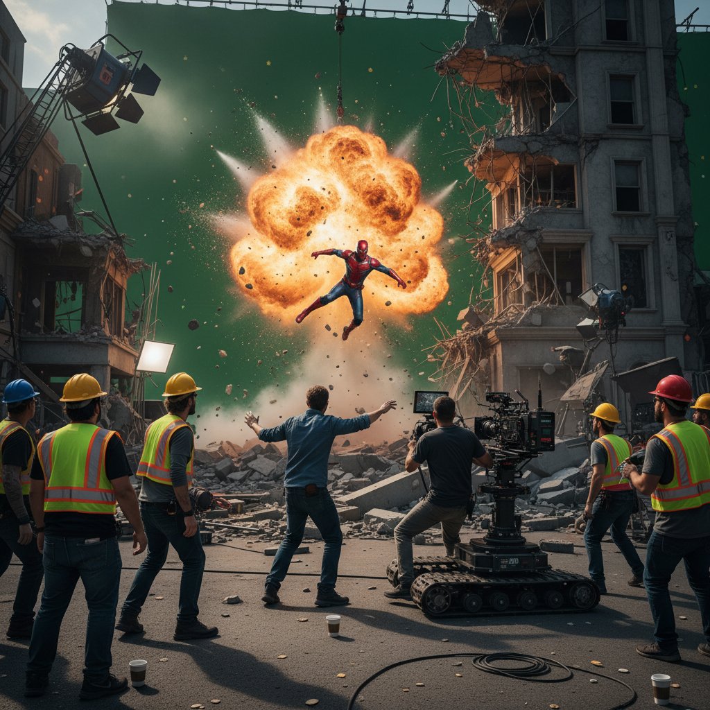 Filmmakers directing explosive superhero action scene, behind-the-scenes on movie set