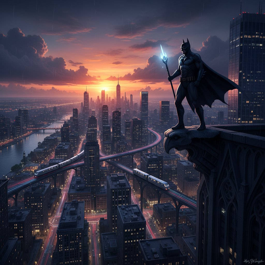 Superhero silhouette against city, dramatic hyperreal image with ideology movie keywords