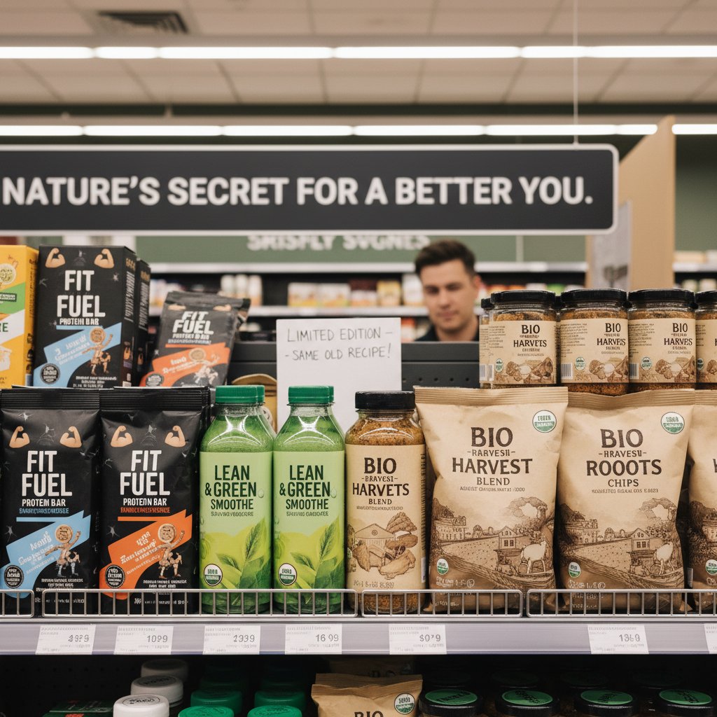 Zdjęcie półki z żywnością w polskim markecie – opakowania z hasłami „fit” i „bio”