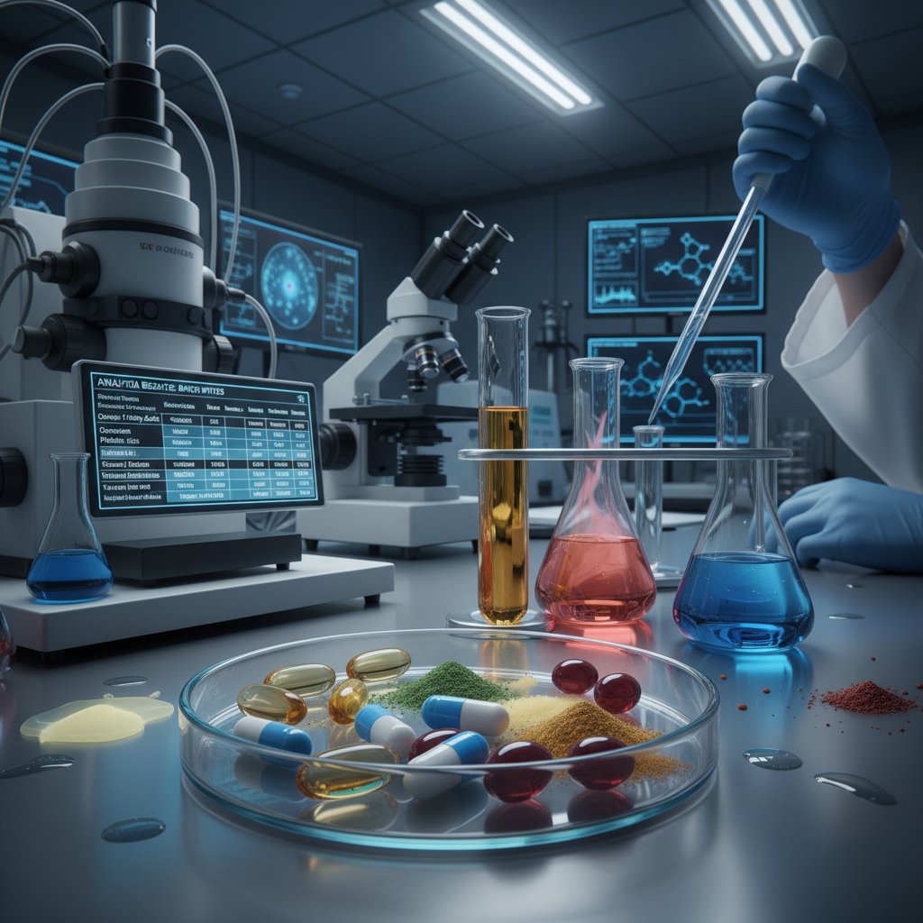 Zdjęcie tabletek kwercetyny i laboratorium analizującego ich skład