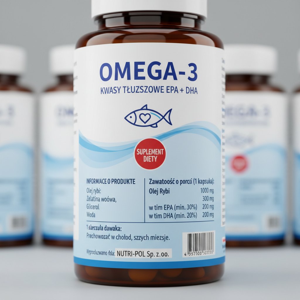 Zbliżenie na polską etykietę suplementu omega 3, wyraźne szczegóły składu