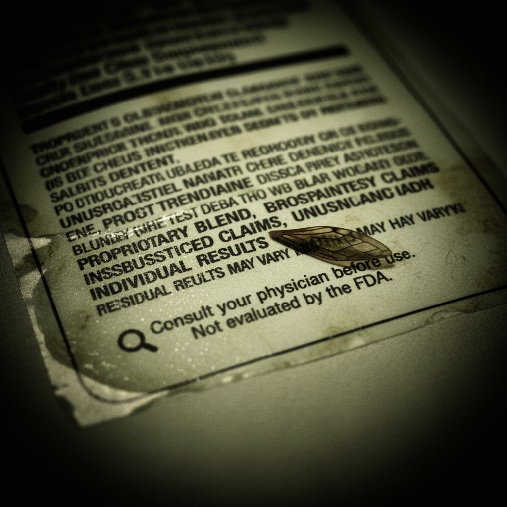 Etykieta suplementu tryptofanu z nieczytelnym drobnym drukiem