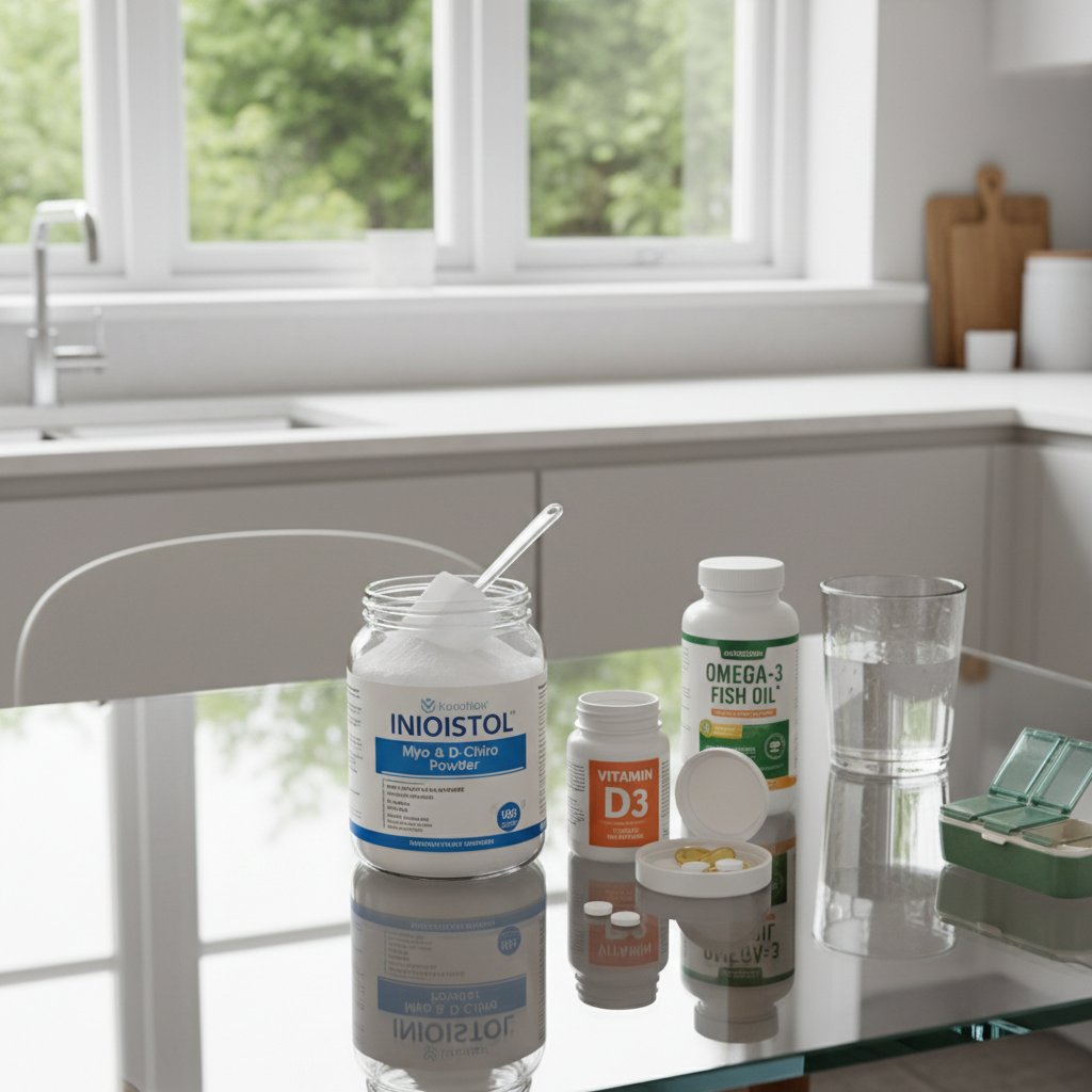 Zdjęcie zestawu suplementów na stole, z inozytolem na pierwszym planie