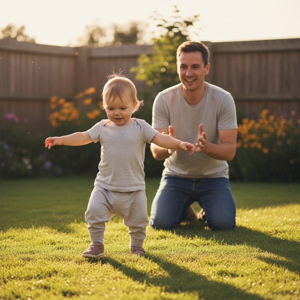 Zbliżenie na dziecko, które uczy się chodzić przy wsparciu opiekuna, symbolizujące wsparcie i indywidualny rytm rozwoju
