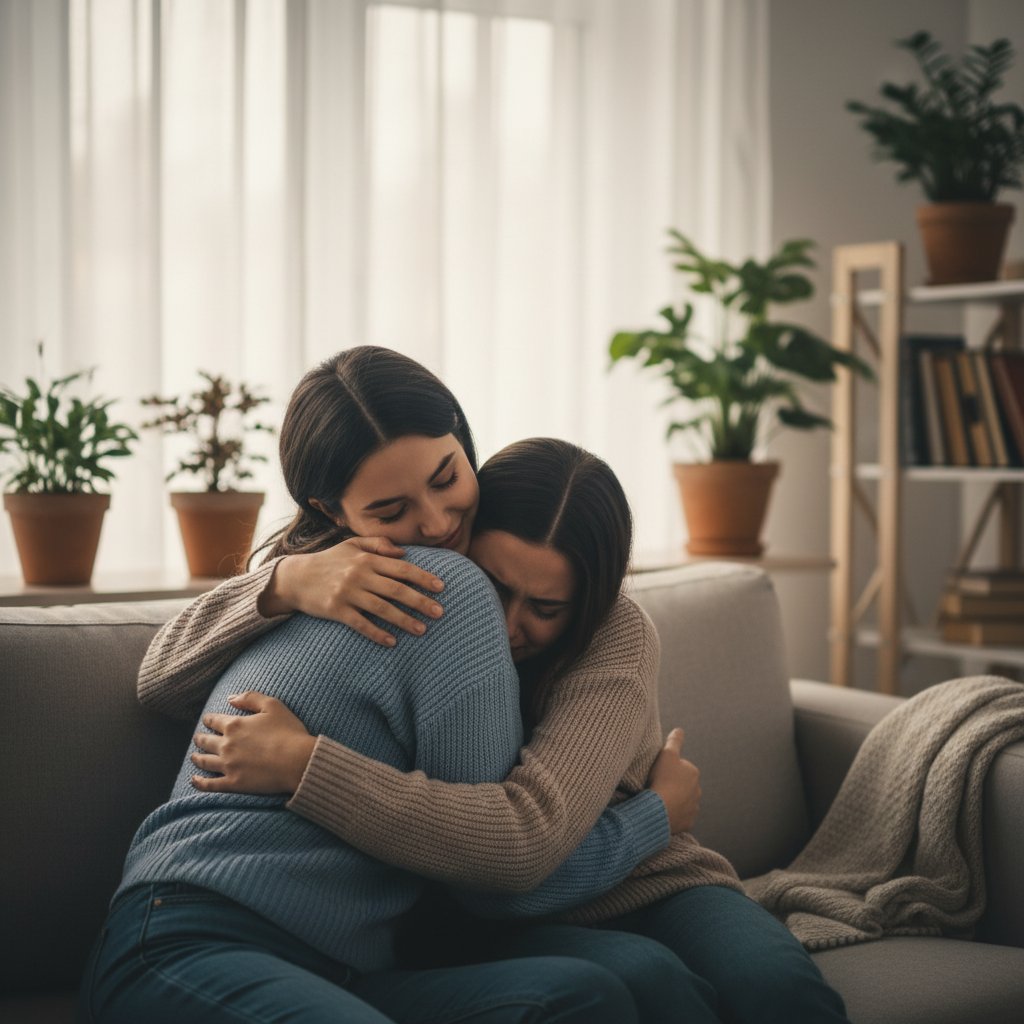 Para obejmująca się w parku, wsparcie emocjonalne i zdrowie psychiczne