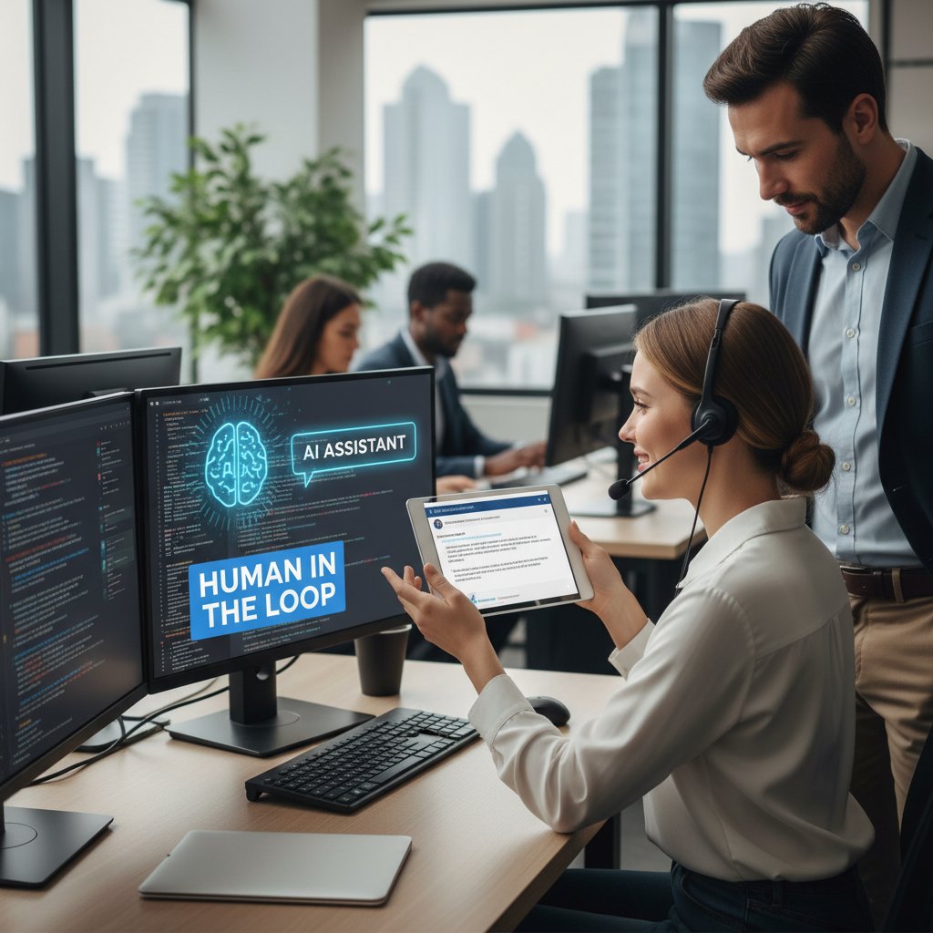 Photo of a support agent seamlessly taking over a chatbot conversation, AI chatbot troubleshooting human-in-the-loop