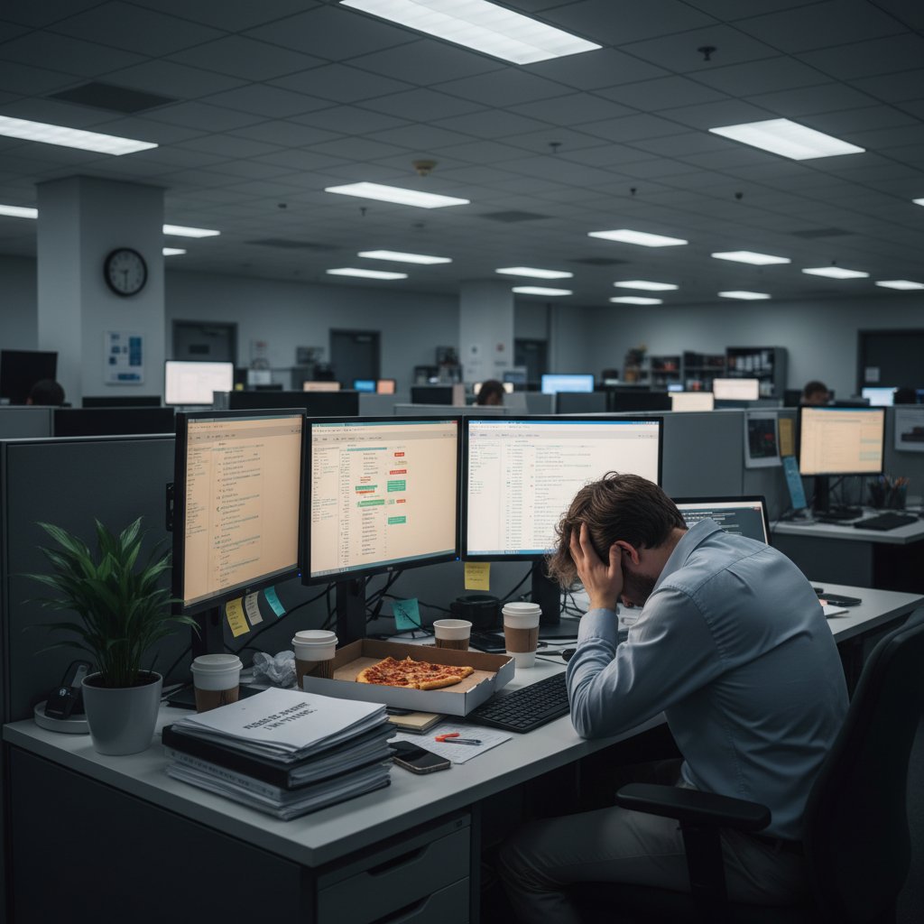 Pracowniczka wsparcia z głową opartą o biurko, zmęczenie i frustracja
