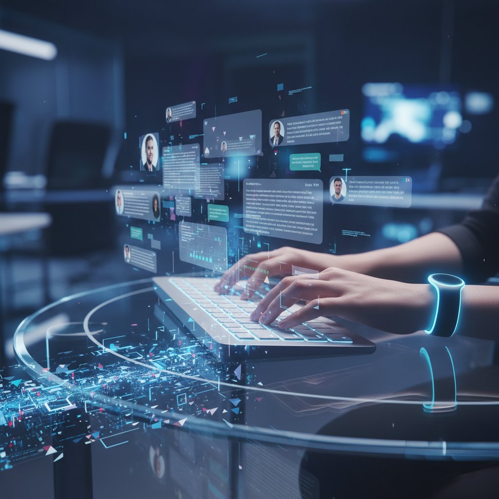 Kolaż wyświetlaczy z otwartymi czatami wsparcia, dłonie na klawiaturze, różne grupy wiekowe