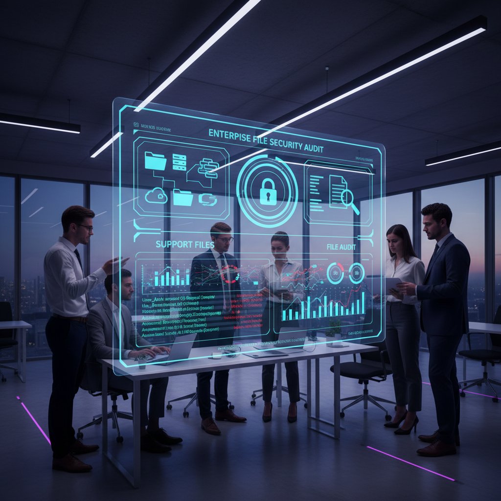 Enterprise team reviewing digital dashboards and file audit results, representing proactive support file management