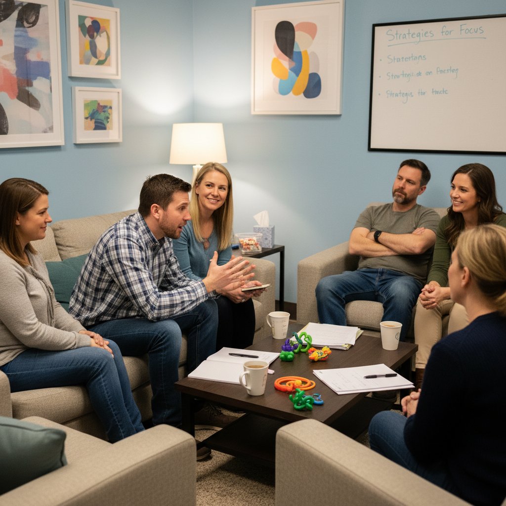 Sesja grupy wsparcia ADHD – dorosłe osoby rozmawiające o terapiach wspomagających